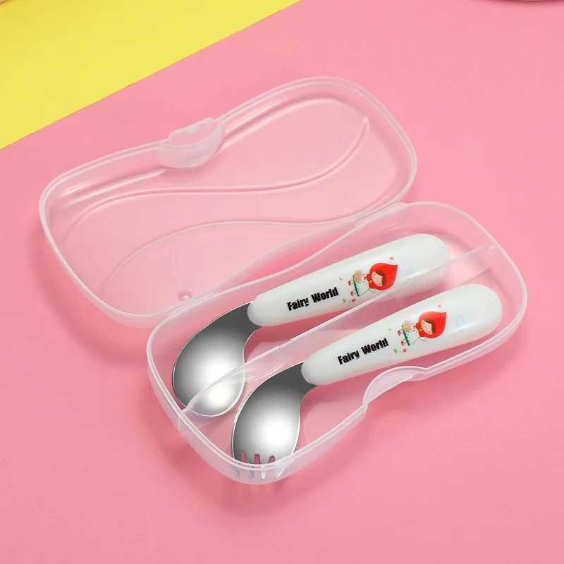 B Red Set With Box WORTHBUY Cartoon Children Tableware 304 Stainless Steel Dinnerware For Kids Spoon Fork Portable Cutlery Set Kitchen Dinner Set - Цвет: B Red Set With Box