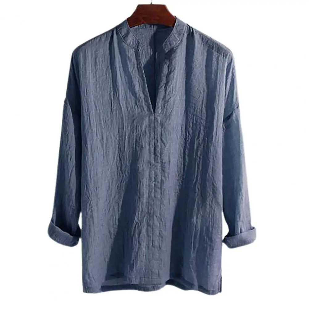 Men Solid Color Breathable Stand Collar Linen Shirt men casual shirt