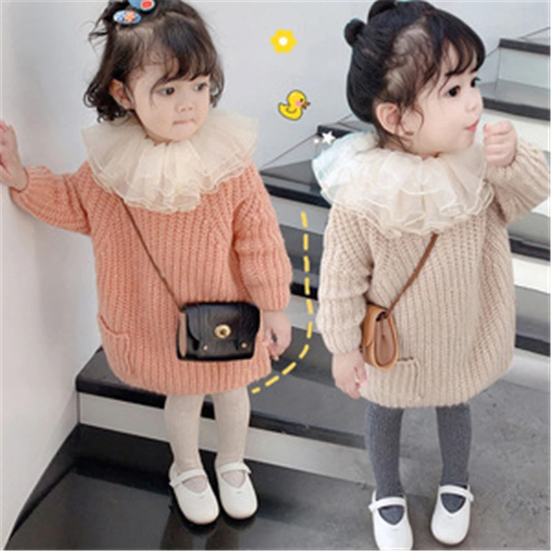 

Girl Sweater princess Knitted Lace collar Infant Baby Pullover Knitted Flower Sweater Children Sweater Coat Thick Clothes