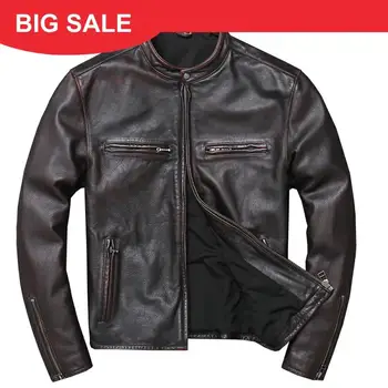 

2020 Vintage Brown Men Slim Fit Biker's Leather Coat Stand Collar Large Size XXXXL Genuine Cowhide Spring Motorcycle Jacket