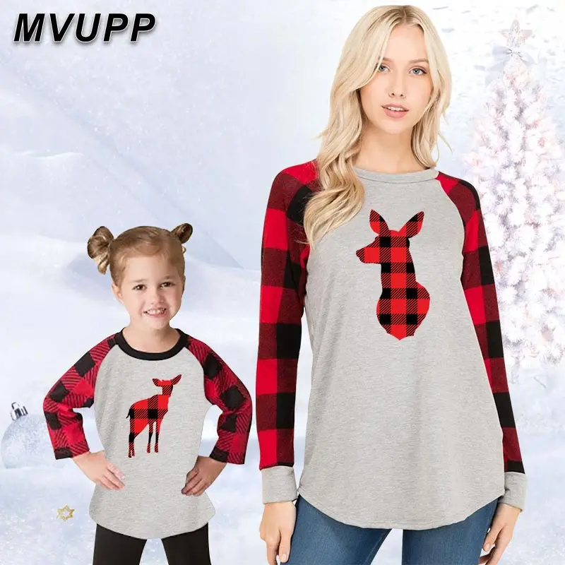 Одинаковые комплекты для всей семьи с рождественским оленем хлопковая футболка с длинными рукавами клетчатый комплект для мамы и меня, зимняя одежда для малышей