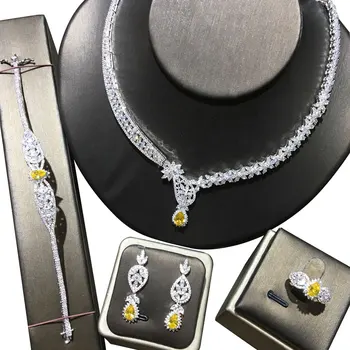 

GODKI UAE 4pcs Yellow CZ DUBAI Bridal Necklace Set For Women Wedding Nigeria Zircon Crystal Dress PARTY Jewelry sets 2020