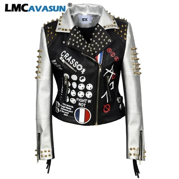 

LMCAVASUN XS-4XL PU Leather Jacket Women Letter Print Graffiti Rivets Coats Punk Biker Fringed Motorcycle Cazadora Cuero Mujer