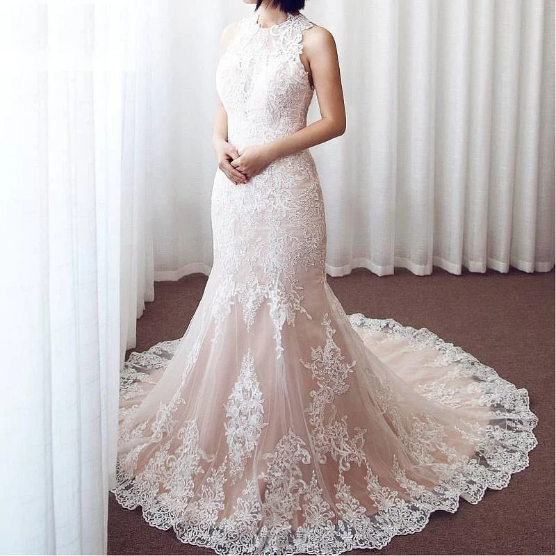Ivory-Lace-Champagne-Satin-Sleeveless-Floor-Length-Mermaid-Trumpet-Wedding-dress-Chapel-Train-Custom-made