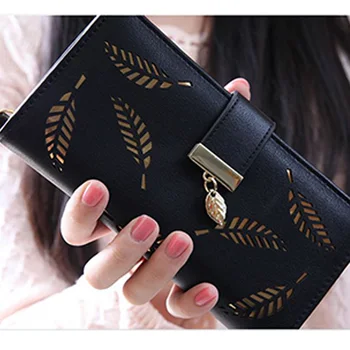 

Coin Pierced Leaf Fashion Large Capacity Party PU Leather Luxury Long Credit Card Buckle Women Wallet
