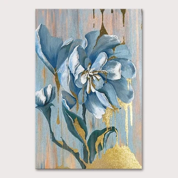 

Mintura Hand Painted Oil Paintings on Canvas Wall Picture For Living Room White Flowers and Gold Leaf Hotel Decor Art No Framed