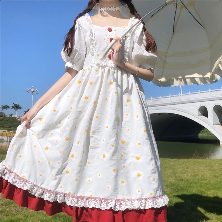 Japanese Summer Sweet Floral Dress Kawaii Lolita Style Square Collar Dress Vintage Puff Sleeve Cute Ruffles Mori Girl Dresses