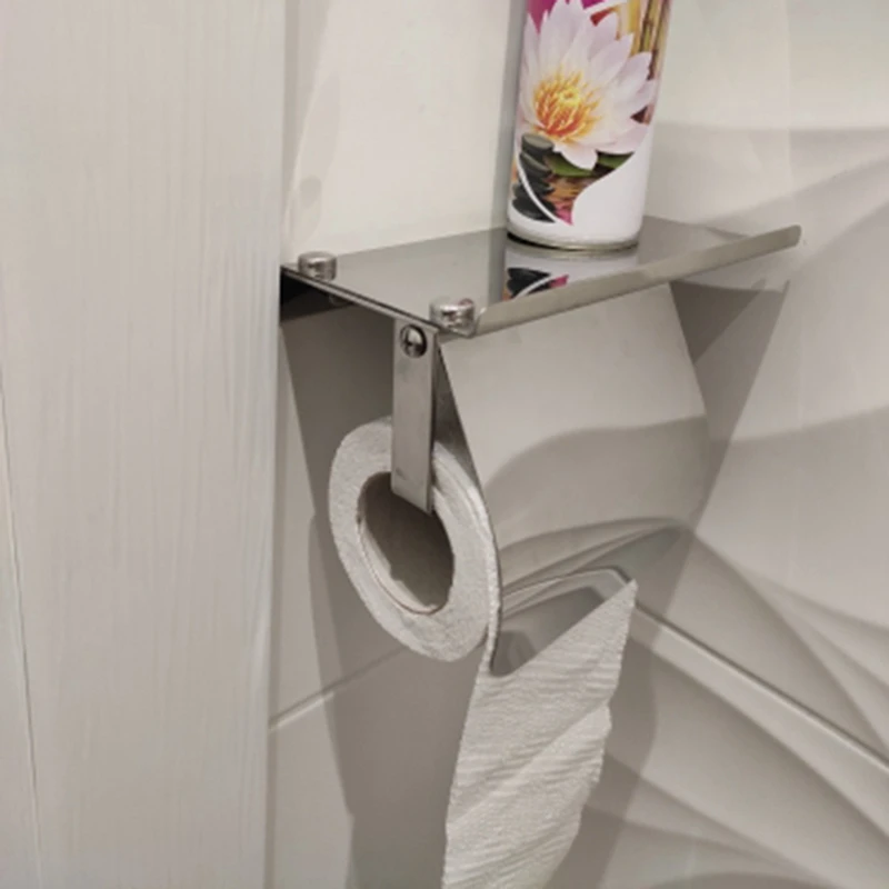 Modern Stainless Steel Wall Mount Toilet Paper Holder with Phone Shelf Roll Paper Holder Bathroom Fixture Bathroom