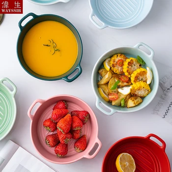 

Nordic Under-glazing Colorful Porcelain Baking Bowl Handle Ceramics Noodel Bowl Pasta Dinner Tableware Dessert Plate Baking Dish