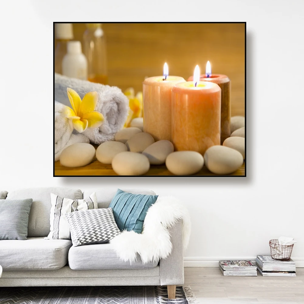 Canvas Art Painting Candles and bath towels,stone Poster Picture Wall Decor Modern Home Decoration Gift For Living room Bedroom