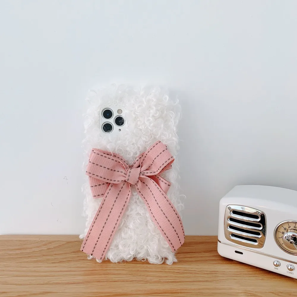 

Light luxury New winter bow wool curly plush phone case for iPhone 7 8 plus XR X XS Max 11 Pro Max for women back cover coque