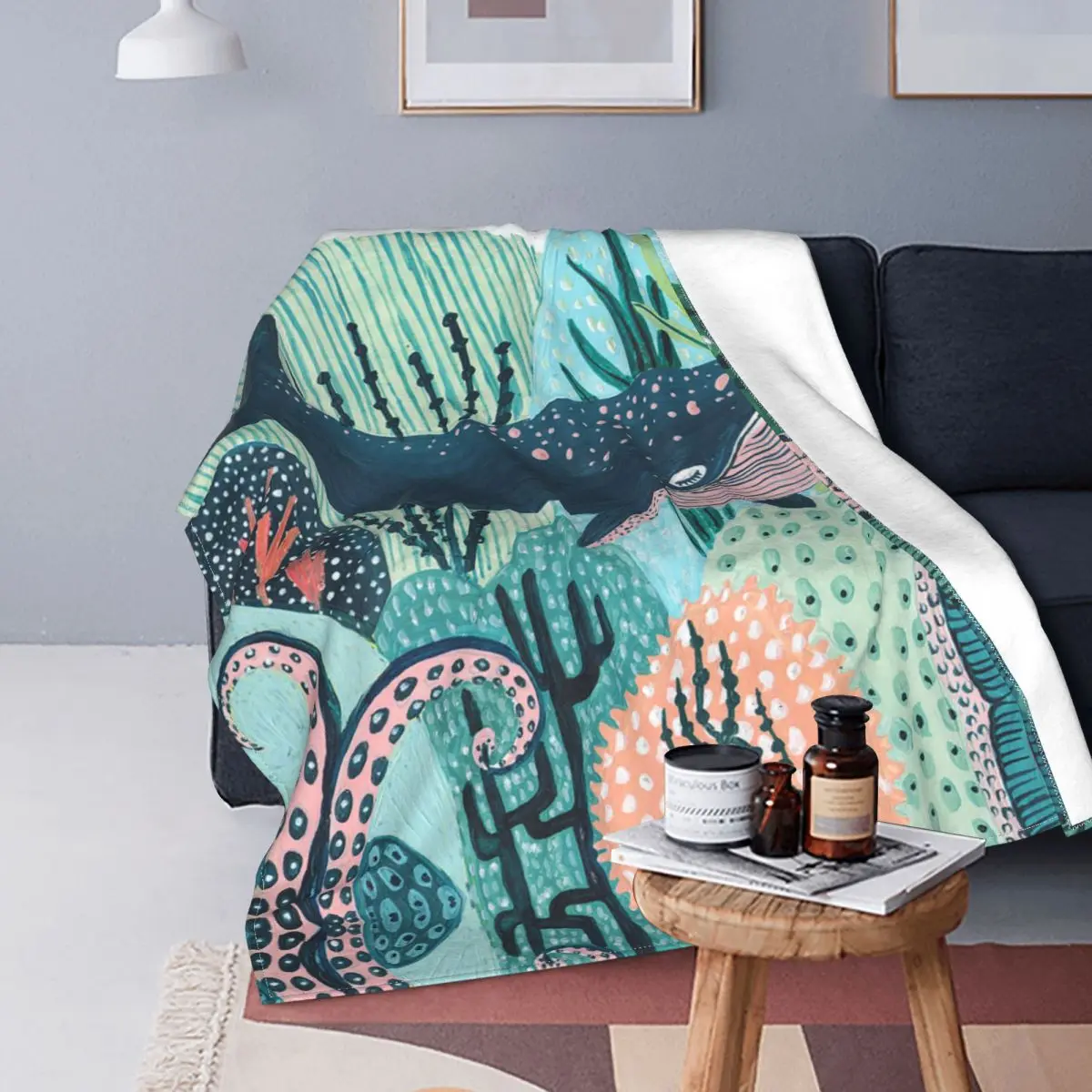 

Флисовое одеяло с рисунком киты, океан, подводный мир, картина маслом, Тропическое растение, новинка, одеяло для дома, гостиницы, дивана, покрывало