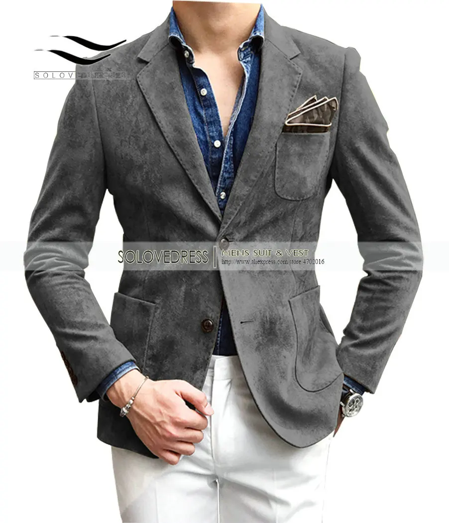2 предмета, мужской замшевый костюм, Повседневный, на двух пуговицах, с отворотом, смокинги, Классический/Винтажный/джинсовый пиджак, Женихи для мужчин(Блейзер+ брюки), кофейный - Цвет: Grey