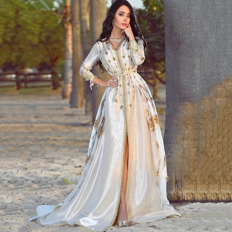 Moroccan Kaftan Caftan Muslim Evening Dresses A-line V-neck 3/4 Sleeves  Appliques Dubai Arabic Turkey Abaya Islamic Gown - AliExpress