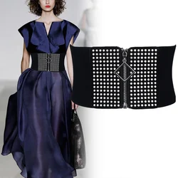 HATCYGGO Elastic Belts For Women Rivet Cummerbund Female Black Knitted Elasticity Waist Belt Ladies Wide Zipper Decorative Belts