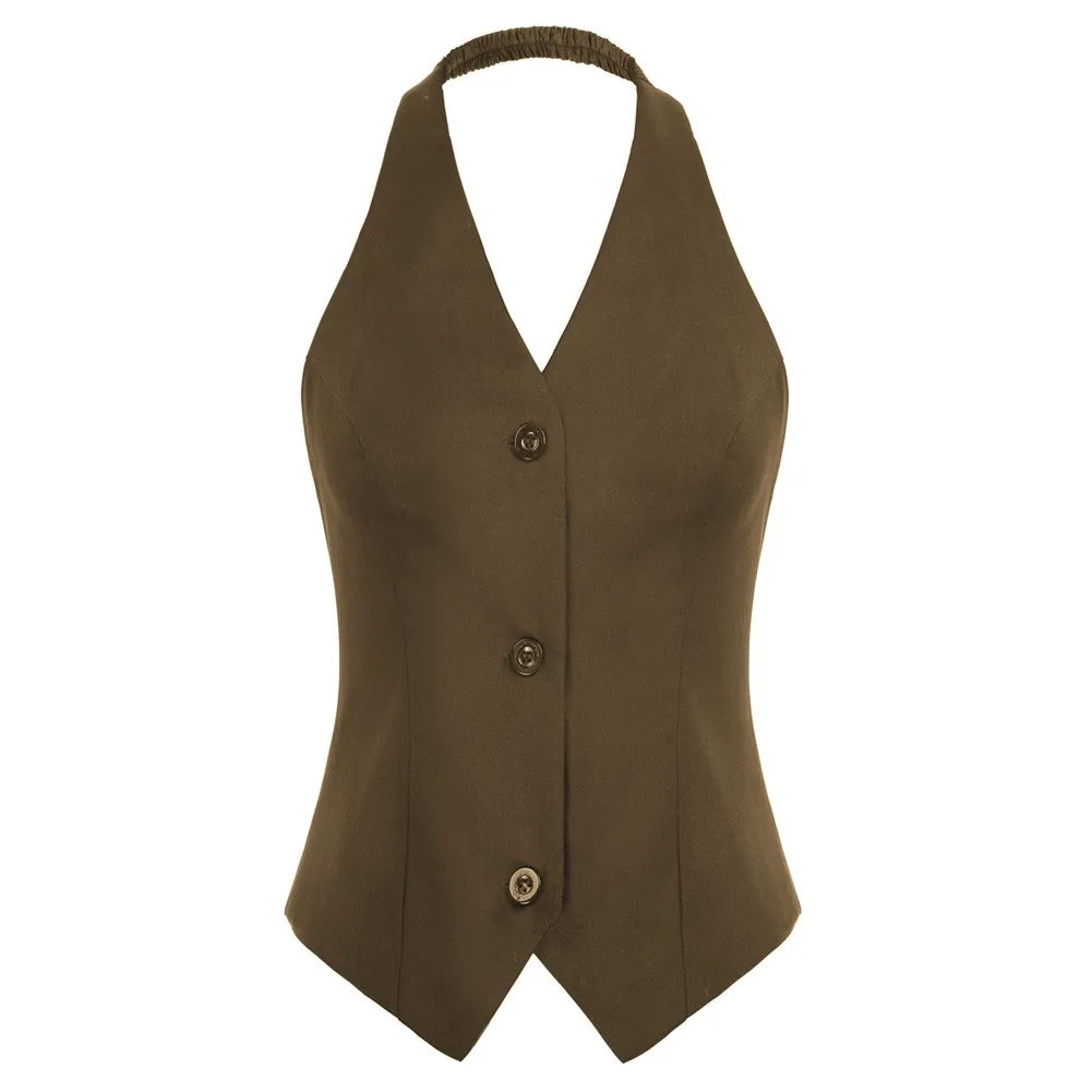 BP Women Halter Vest Backless V-Neck Single Breasted Handkerchief Hem Coat Vintage Waistcoat Button Down Dressy Vests