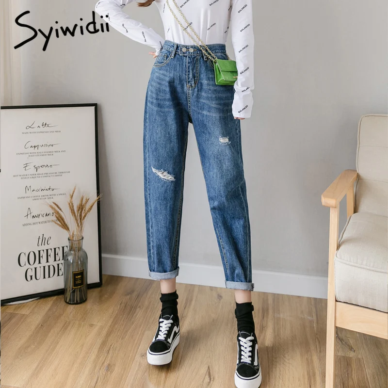 Джинсы женские винтажные с высокой талией прямые порванные|Прямые джинсы| |