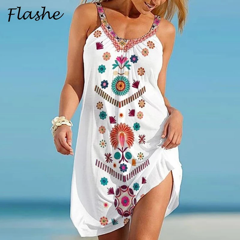 Vestido femenino de verano sin mangas con estampado de flores, traje playero de talla grande para mujer, S-2XL