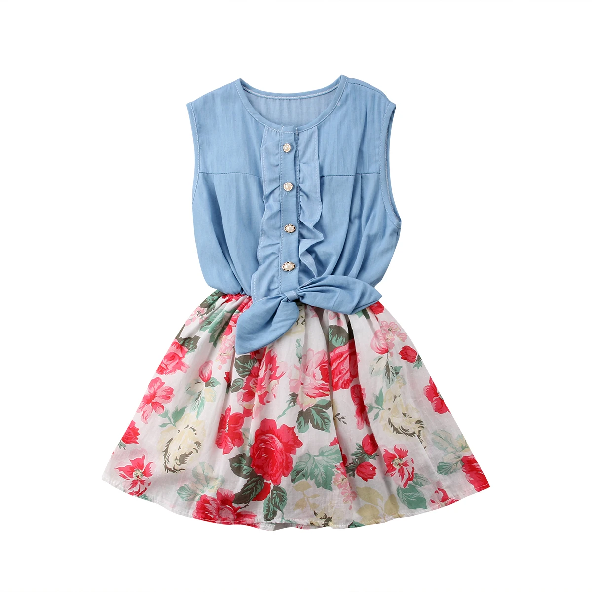 

Kids Girl Cowboy Sleeveless Sweet Sunny Cute Novelty Pretty Summer Cool Flower Ruched Bowknot Botton Princess Half Skirt Sets