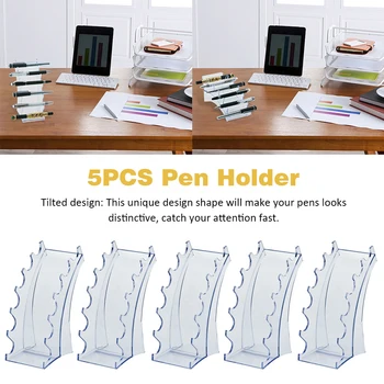 

5pcs Stationery Desk Organizer Transparent Display Stand Vertical Horizontal Space Saving Plastic Universal 6 Slots Pen Holder