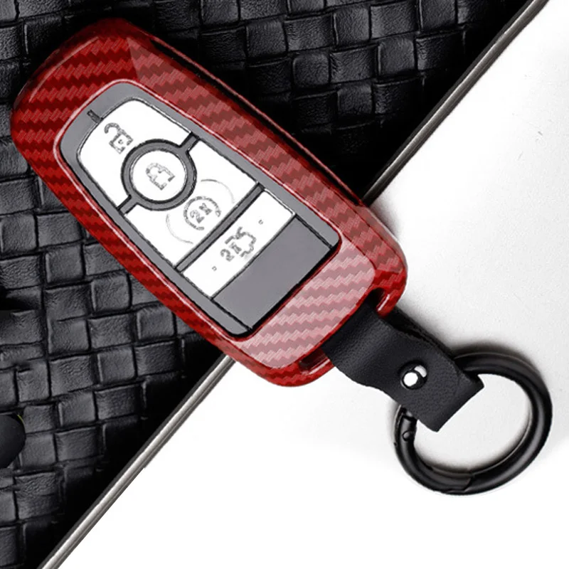 

1pc Carbon Fiber Red Car Key Cover For Ford F150 Raptor 2018 Zinc Alloy CNC Cutting Car Key Case Key Cover Snap-on Installation