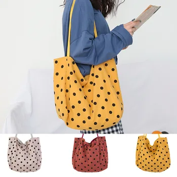 

New Design Women Canvas Shoulder Bag Full Dot Print Shopping Bags Students Book Bag Cotton Cloth Handbags Tote for Girls