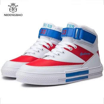 

Breathable Mens Casual Shoes High Top Buckle Sneakers for Men PU Leather Anti-Slip Hip Hop Black White Shoes Zapatos De Hombre