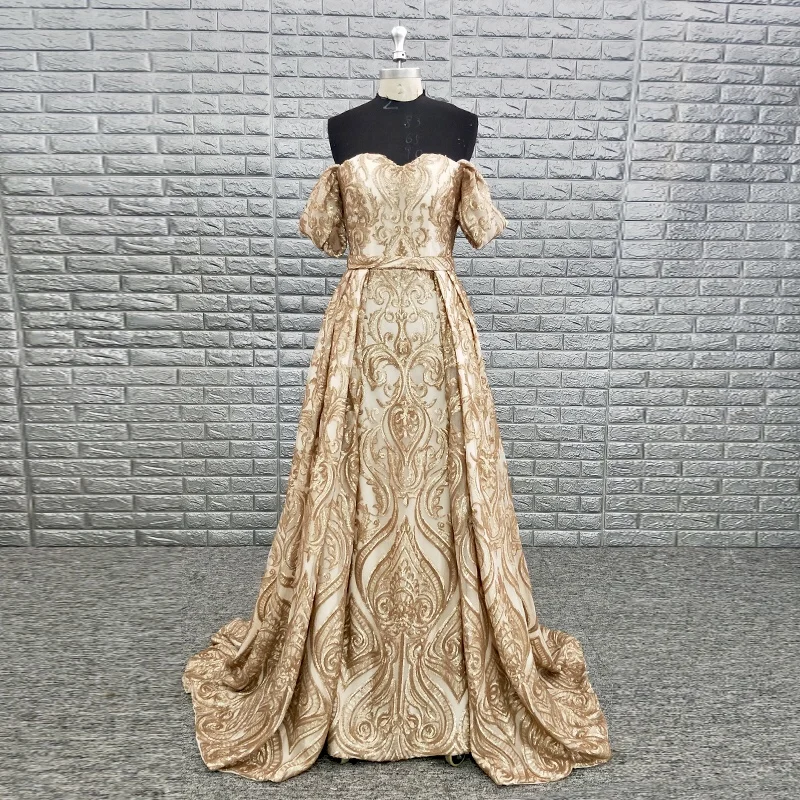 

High Quality Sweetheart Off Shoulder Gold Sequined A Line Formal Gown Evening Wear Night Dress