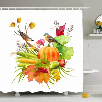 

Shower Curtain Set with Hooks 72x78 Scene Watercolor Thanksgiving Composition with Leaves Pumpkin Life Corn Fall Nature Holidays