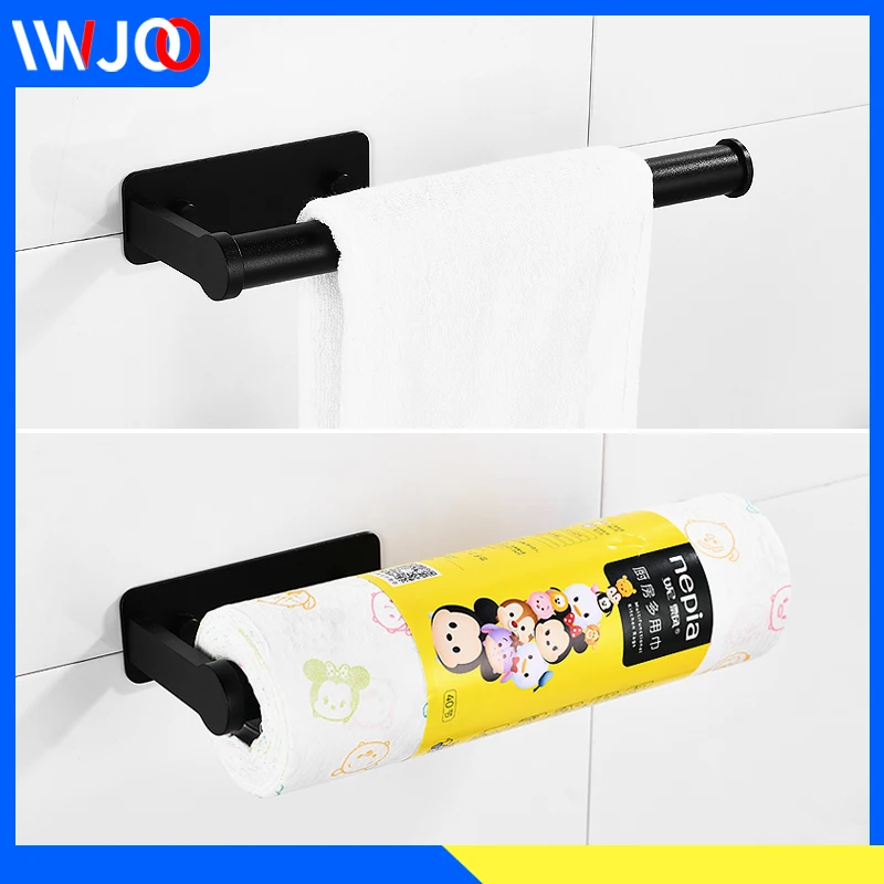 

Bathroom Towel Rack Hanging Holder Aluminum Black Towel Bar Wall Mounted Multipurpose Vertical Paper Towel Holders for Kitchen