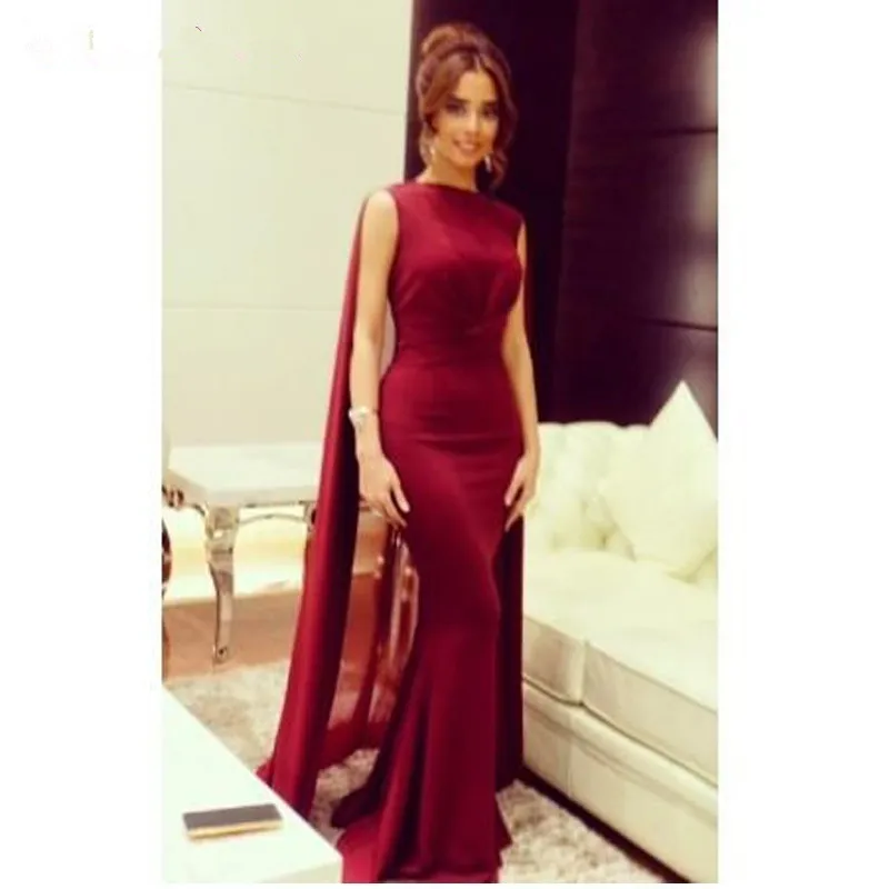 

robe de mariee Arabic Design Long Formal Evening Gown Burgundy Mermaid Robe with Cape Sweep Train mother of the bride dress