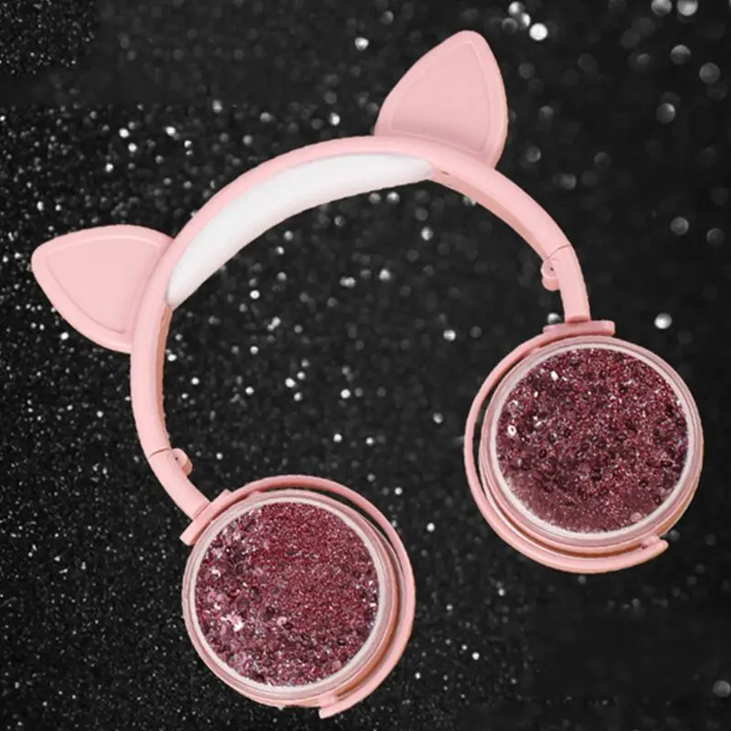 Girls Cat Ear Headset Quicksand Decor Music Sports Headphones for Kids Gifts