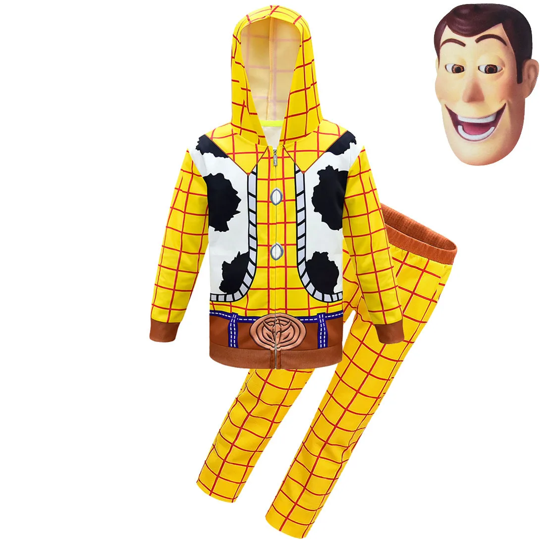Детский карнавальный костюм для мальчиков «История игрушек», толстовка с капюшоном и длинными рукавами с изображением Вуди, комплект с длинными штанами для мальчиков, костюм Вуди для косплея на Хэллоуин - Цвет: set and mask