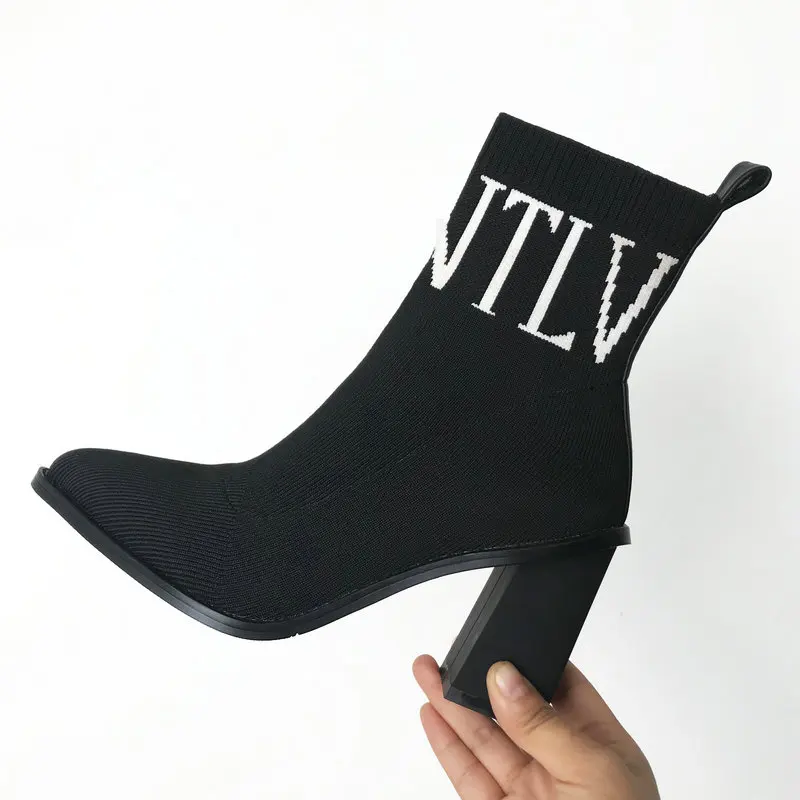 

Knitting Women Sock ankle Boots Square High Heel Ankle Boots Fashion Pointed Toe Fall Stretch Shoes Black Big Size 2020 Winter