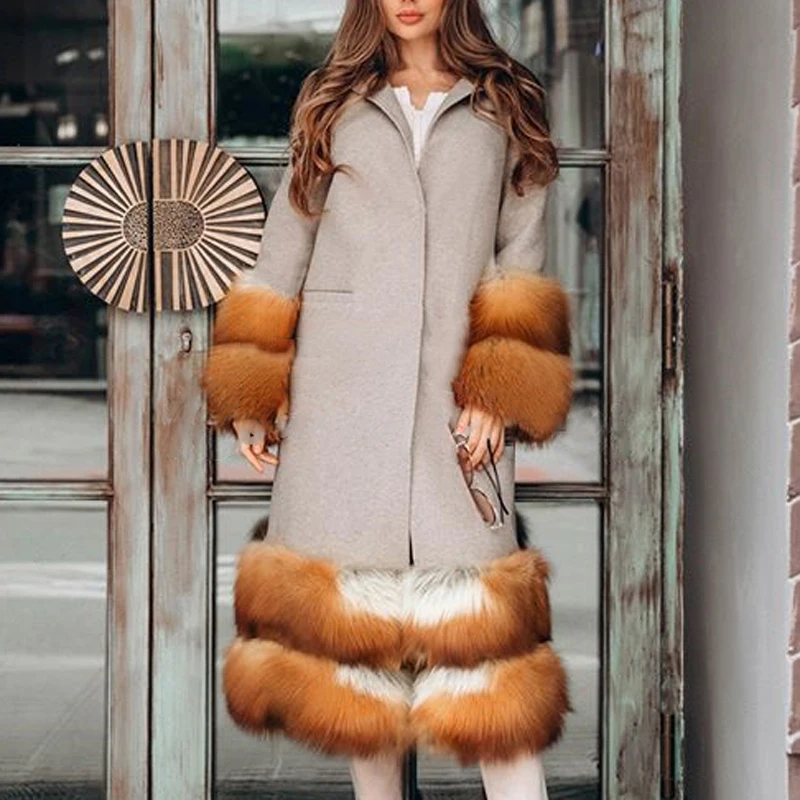 Fandy Lokar Real Red Fox Fur Jackets Women Fashion Cashmere Coats Women Elegant Covered Buttons Long Jackets Female Ladies IAB