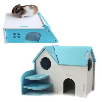 

Wooden Hamster House Hideout Hut Exercise Natural Fun Nest Toy 2 Pack, Blue