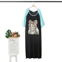 Ночная рубашка с принтом кота размера плюс, женское длинное Ночное платье с коротким рукавом, тонкое хлопковое ночное белье из модала с рисунком, свободная ночная рубашка
