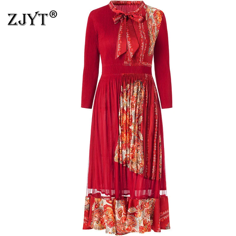 

2020 Spring Women Dress Elegant Designer Ner Fashion Bow Neck Long Sleeve Vintage Print Patchwork Mid Calf Sexy Party Dress Red