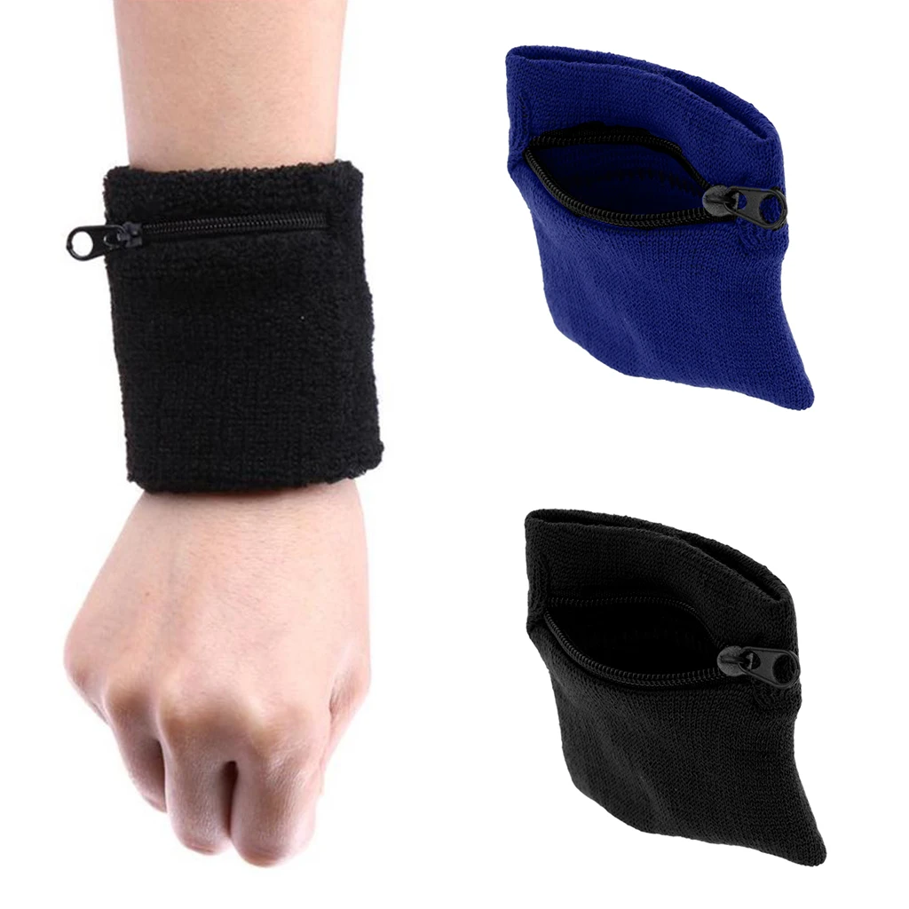 (Pack of 2) Unisex Sweatbands Outdoor Sports Running Wrist Band Wallet with Zipper Pocket