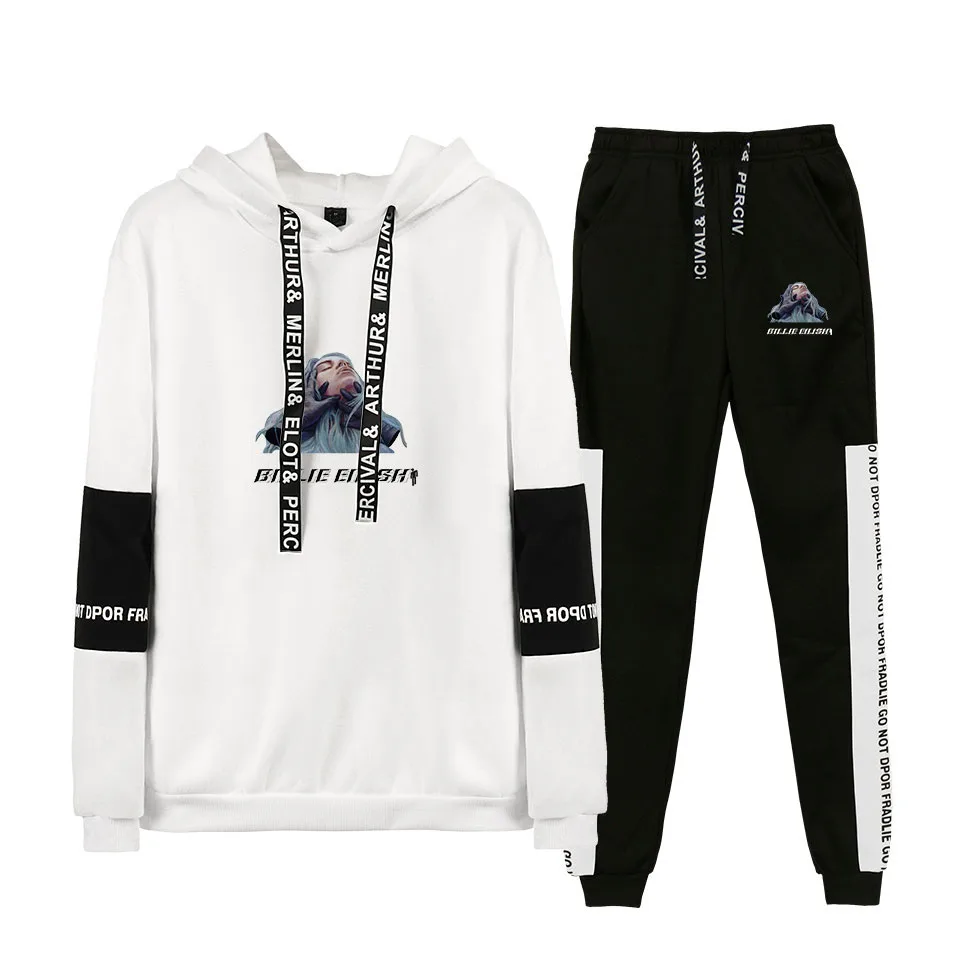 FRDUN/ осень/зима Billie Eilish горячая Распродажа толстовки/спортивные штаны для мужчин комплект из двух предметов с капюшоном бархатный костюм 4XL