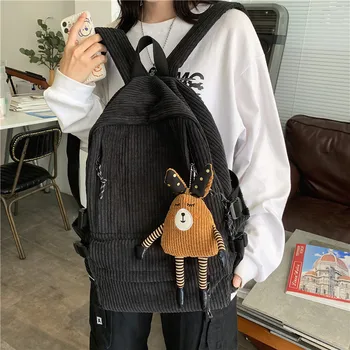 Fashion Women Corduroy Backpack Pure Color Stripe Harajuku School Bag Teenage Luxury Girl Backpack Female Cute Bagkpack Mochila 3