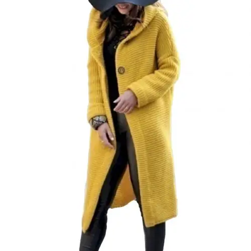 Цвет: желтый New Arrival Women Autumn Winter Solid Color Button Cardigan Sweater Midi Hooded Coat Outwear - Цвет: Цвет: желтый