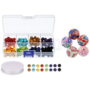 

50 Pcs Clay Beads with140 Pieces Chakra Beads and 20 Pieces Beads Lava Rock Stone with 1 Roll Crystal String