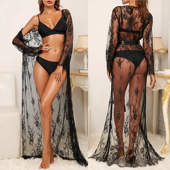 

Women Lingerie Cardigan Shirt Top Beach Cape Bikini Cover Up Lace Kimono Sexy Perspective One-piece Pajamas Robe