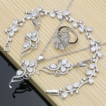 

Wedding 925 Silver Bridal Jewelry Sets White Cubic Zirconia Earrings Stone Line Design Bracelet Necklace Set Gifts for Women