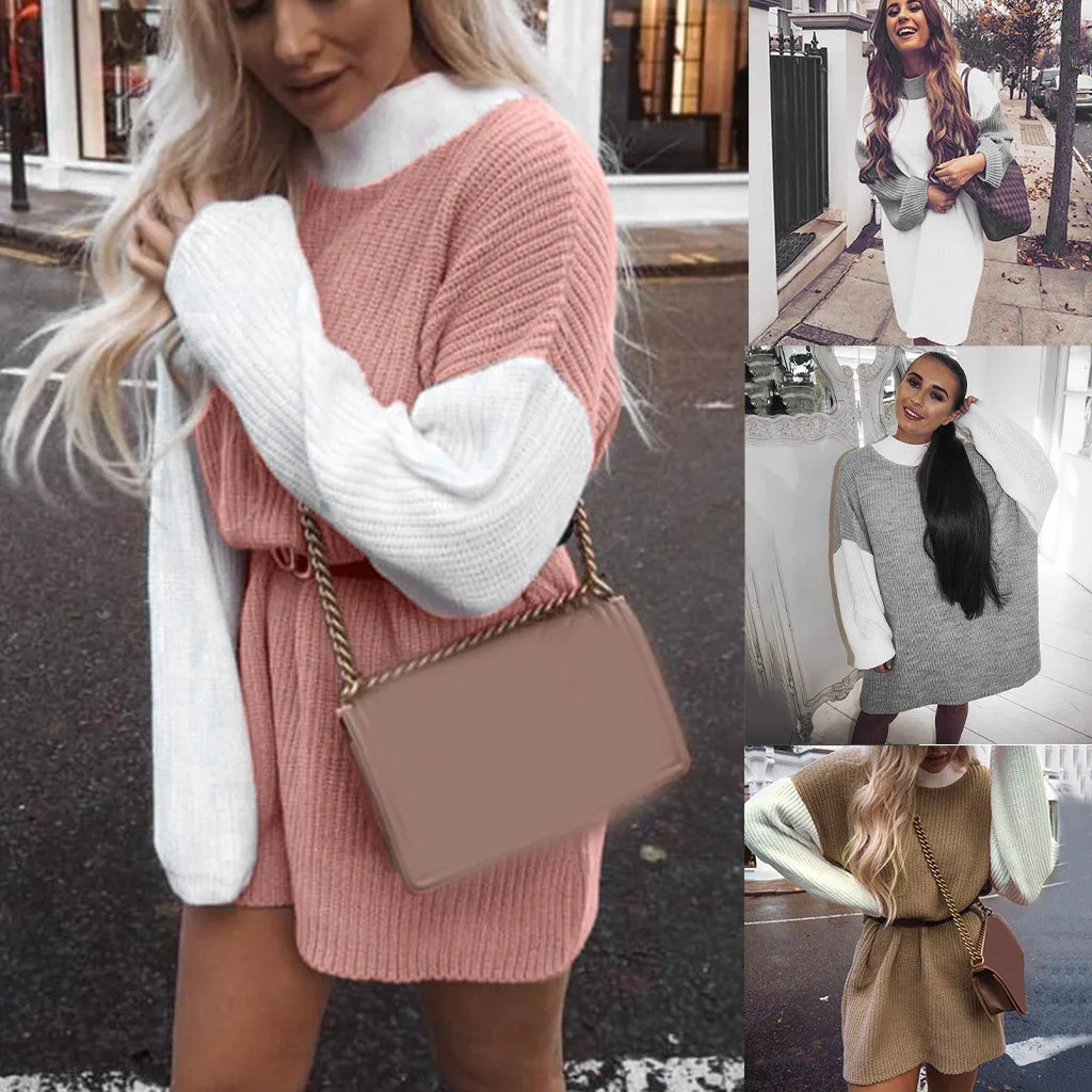 

Women Sweaters Fashion Autumn Winter Knitwear Casual Color Blocking Full Sleeve Turtleneck Lazy Loose Pullover Sweater #F40