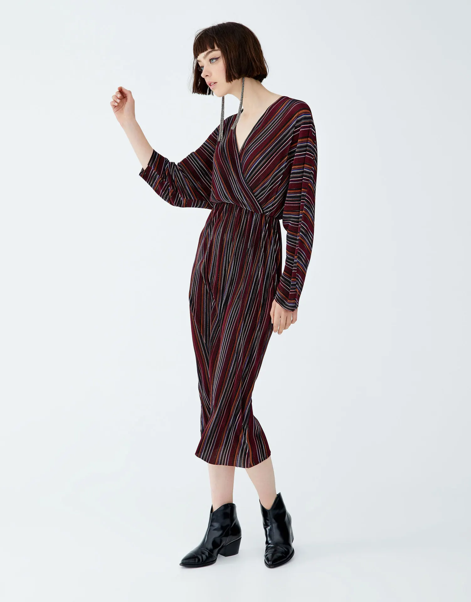 

Western Style 2019 Spring Clothing New Products Pleat Mid-length Stripes French fu gu qun Long-sleeved Dress WOMEN'S Dress