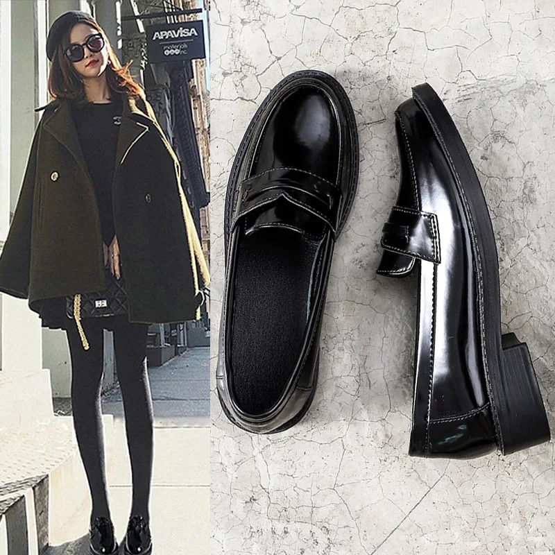 

Shoe Women's 2019 New Style round-Toe Chunky Heel Flat Keel Thin Shoes England College Style Small Leather Shoes Women's Work Sh