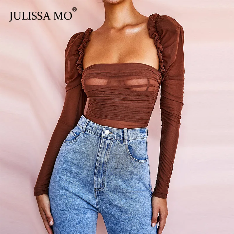  JULISSA MO Black Double Layer Mesh Sexy Bodysuit Women Tops Autumn New Long Sleeve Mid Waist Bodysu