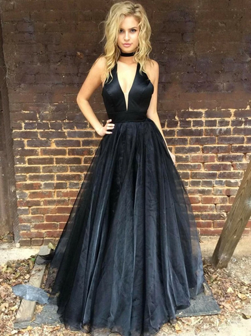 Verngo A line Evening Dress Black Organza Formal Dress Backless Evening Gown Vintage Dress Party Vestido De Noche